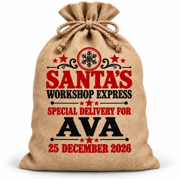 Personalised Santa's Workshop Express Santa Sack XL EXTRA LARGE Custom Name white background mockup