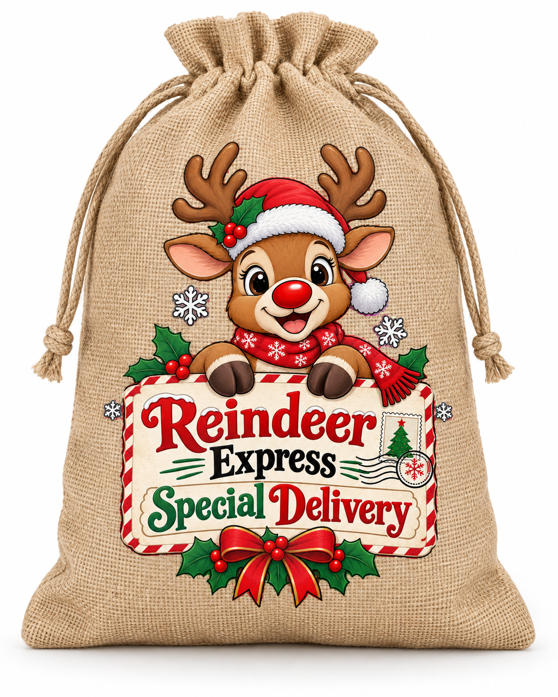 Personalised Reindeer Express Santa Sack XL EXTRA LARGE Custom Name white background mockup