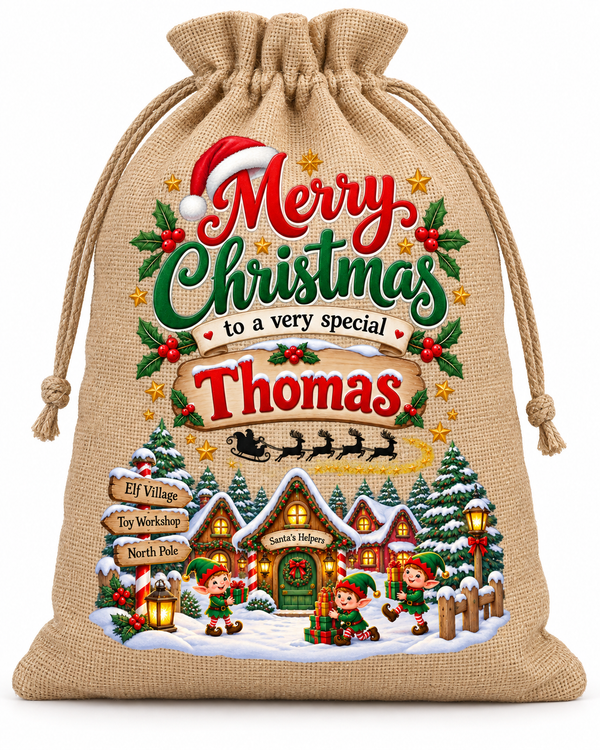 Personalised Merry Christmas Thomas Santa Sack XL EXTRA LARGE Custom Name white background mockup