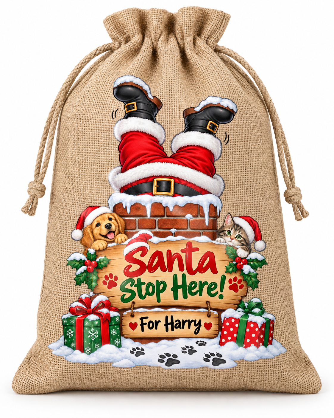 Personalised Santa Stop Here Harry Santa Sack XL EXTRA LARGE Custom Name white background mockup