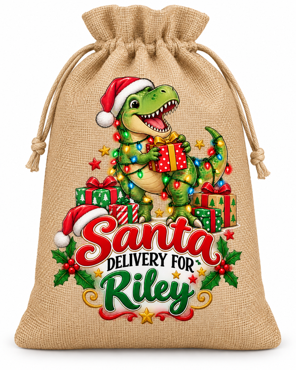 Personalised Dinosaur Delivery Riley Santa Sack XL EXTRA LARGE Custom Name white background mockup