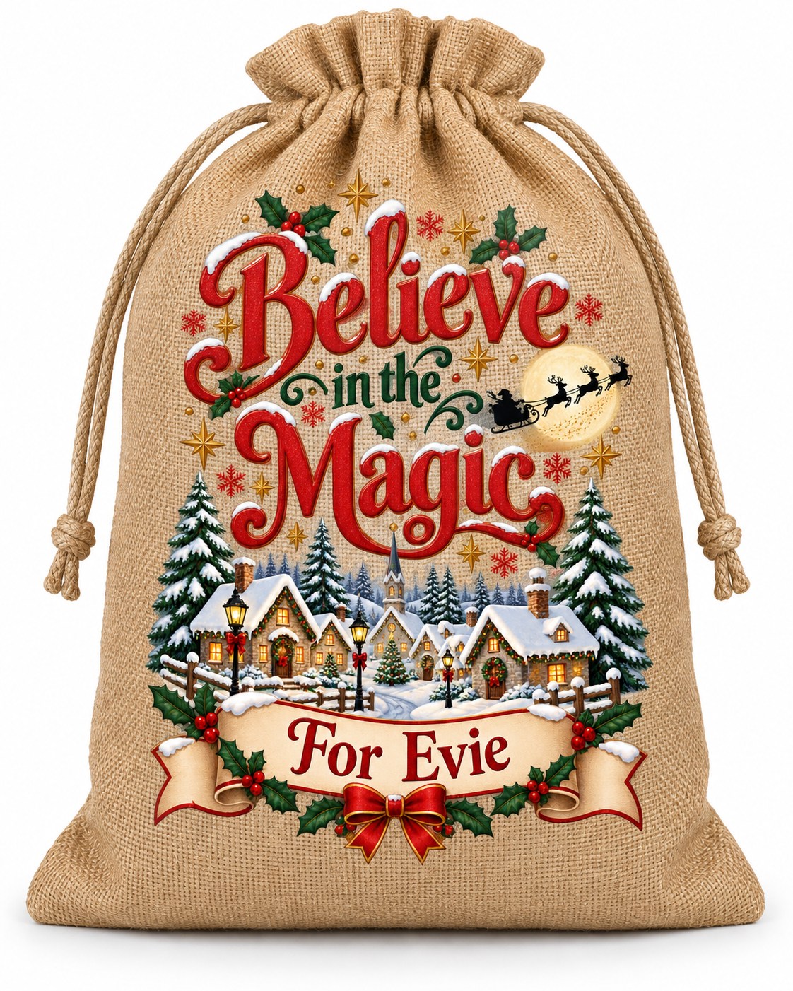 Personalised Believe in Magic Evie Santa Sack XL EXTRA LARGE Custom Name white background mockup
