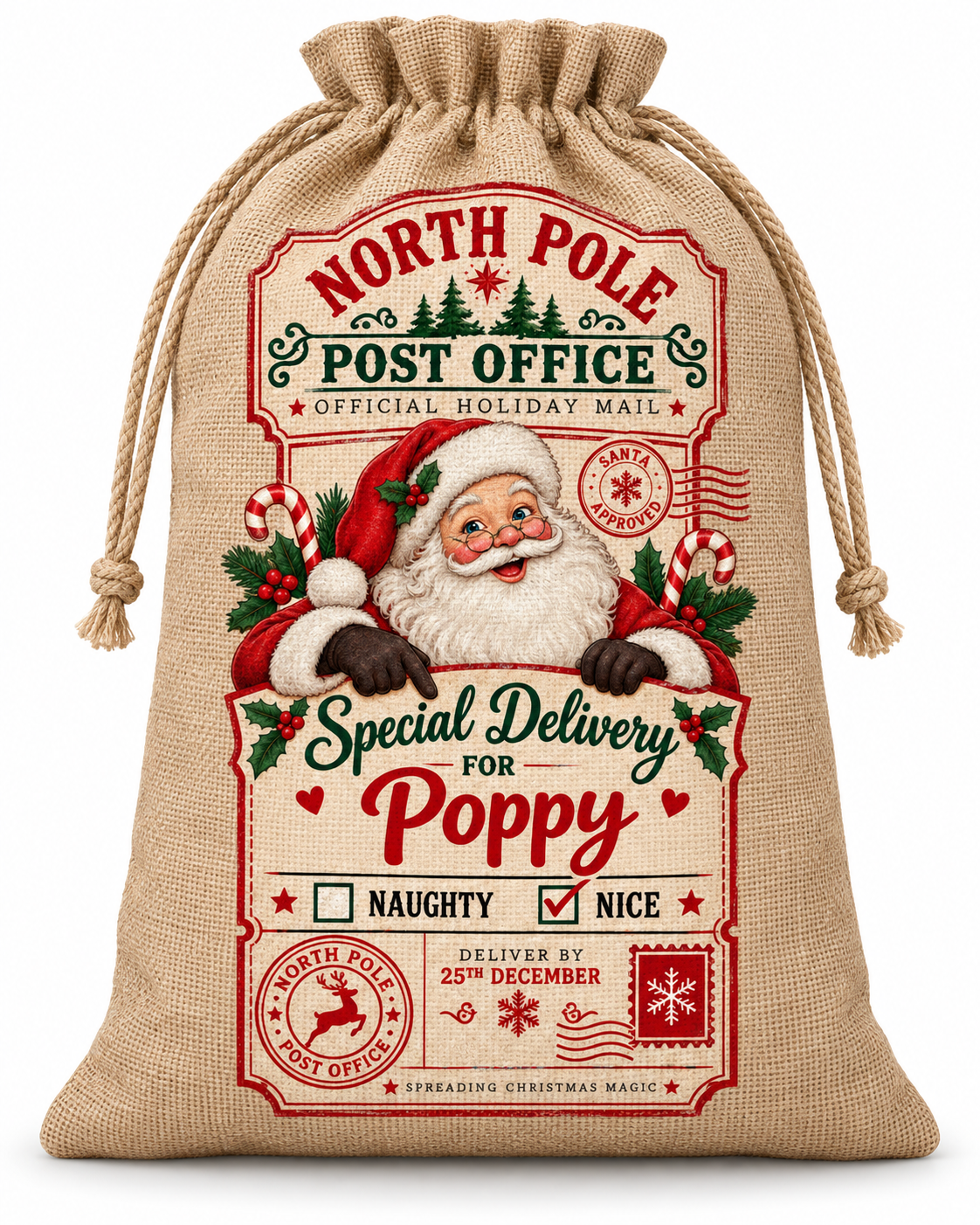 Personalised North Pole Post Poppy Santa Sack XL EXTRA LARGE Custom Name white background mockup