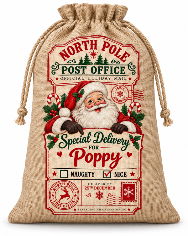 Personalised North Pole Post Poppy Santa Sack XL EXTRA LARGE Custom Name white background mockup