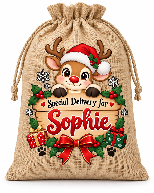 Personalised Special Delivery Sophie Santa Sack XL EXTRA LARGE Custom Name white background mockup