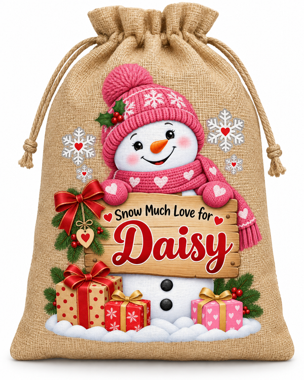 Personalised Snow Much Love Daisy Santa Sack XL EXTRA LARGE Custom Name white background mockup