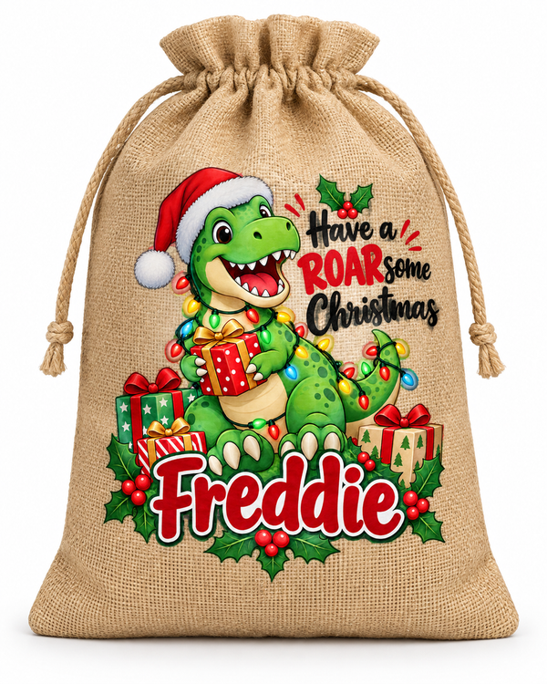 Personalised Roarsome Christmas Freddie Santa Sack XL EXTRA LARGE Custom Name white background mockup