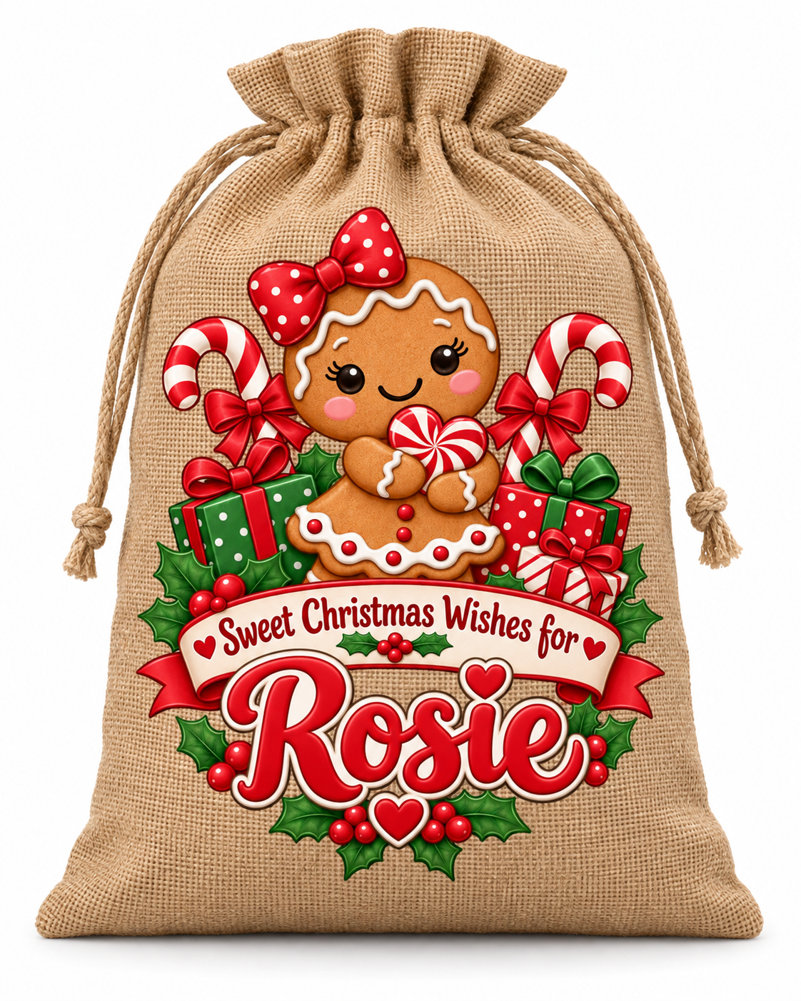 Personalised Sweet Christmas Wishes Rosie Santa Sack XL EXTRA LARGE Custom Name white background mockup