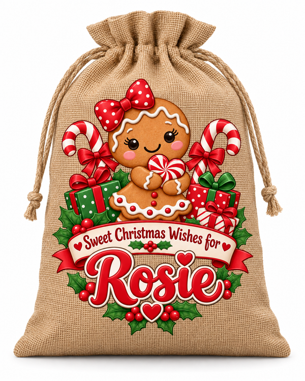 Personalised Sweet Christmas Wishes Rosie Santa Sack XL EXTRA LARGE Custom Name white background mockup