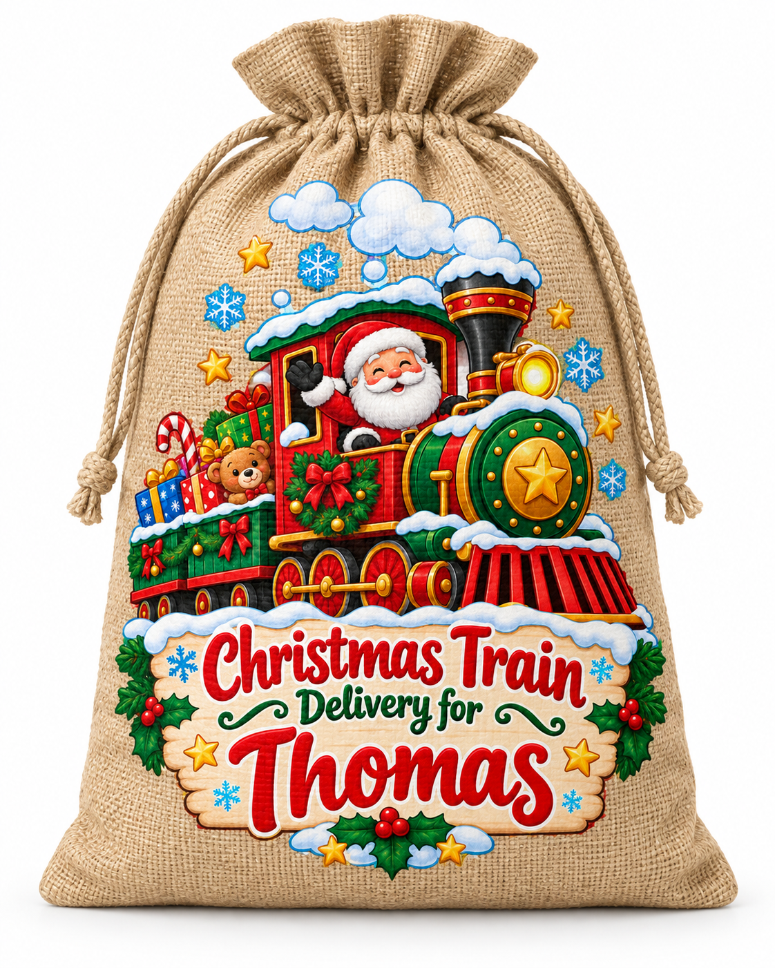 Personalised Christmas Train Thomas Santa Sack XL EXTRA LARGE Custom Name white background mockup