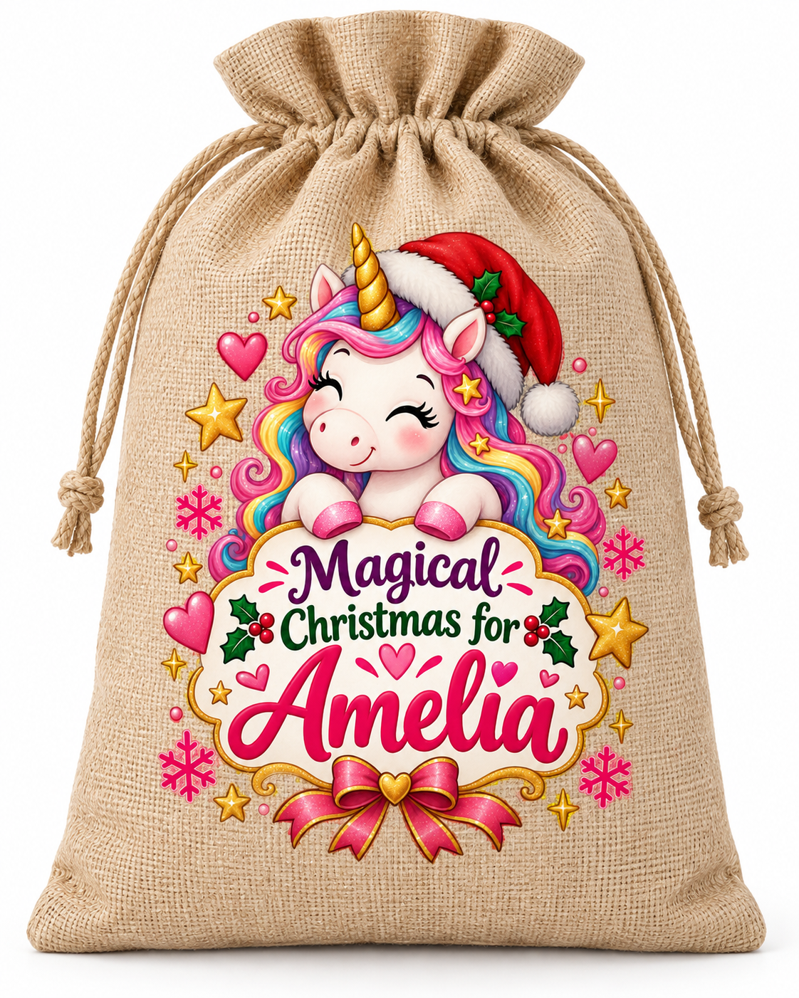 Personalised Magical Unicorn Amelia Santa Sack XL EXTRA LARGE Custom Name white background mockup