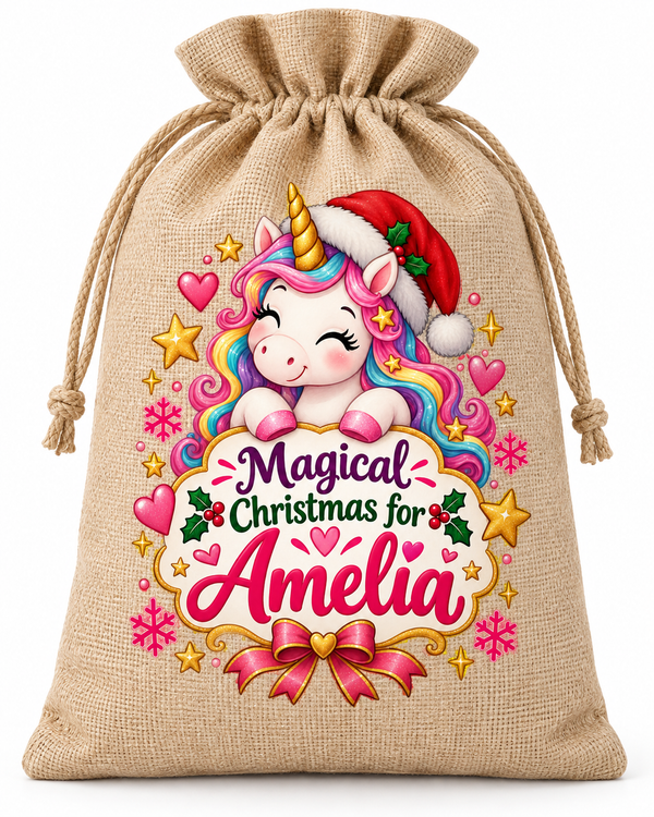 Personalised Magical Unicorn Amelia Santa Sack XL EXTRA LARGE Custom Name white background mockup