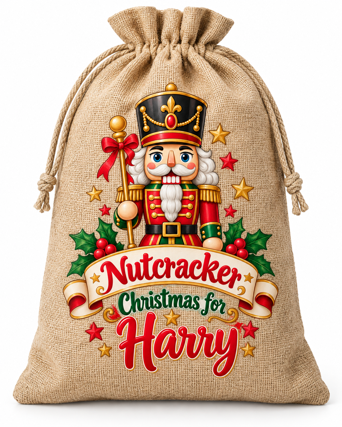 Personalised Nutcracker Harry Santa Sack XL EXTRA LARGE Custom Name white background mockup