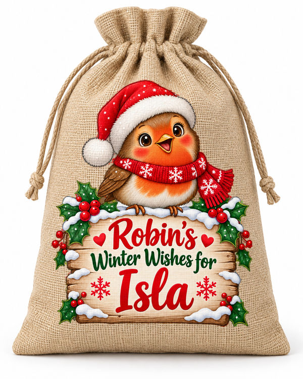 Personalised Robin Winter Wishes Isla Santa Sack XL EXTRA LARGE Custom Name white background mockup