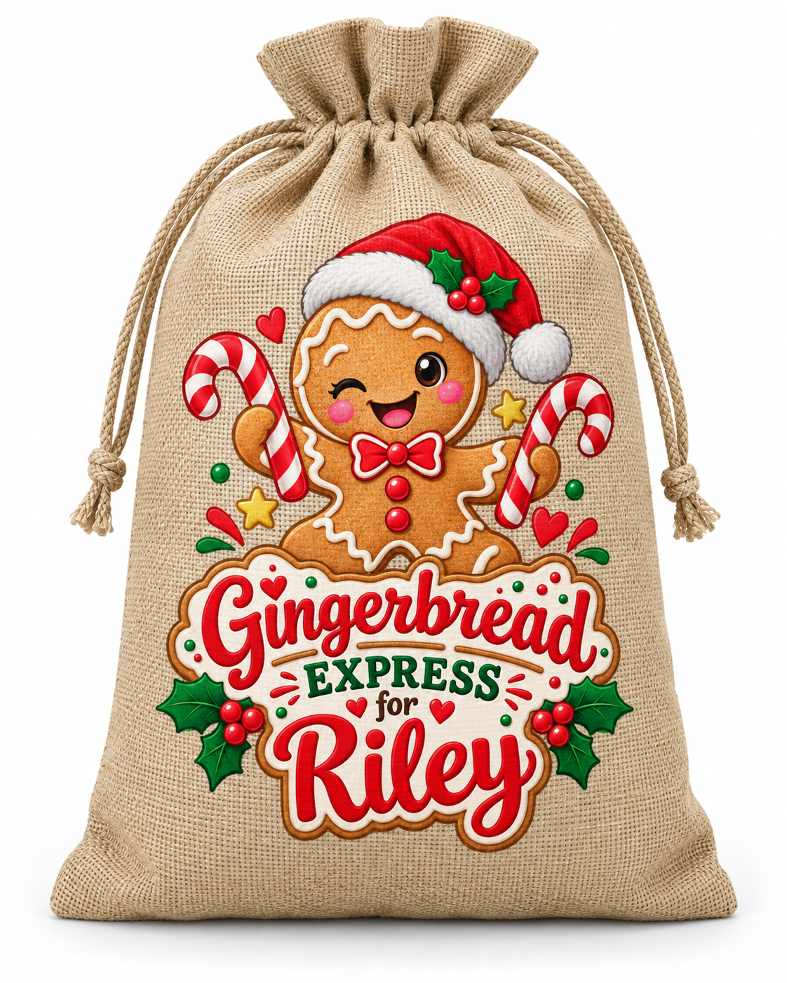 Personalised Gingerbread Express Riley Santa Sack XL EXTRA LARGE Custom Name white background mockup
