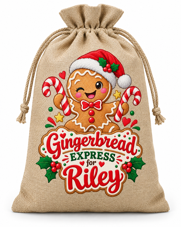 Personalised Gingerbread Express Riley Santa Sack XL EXTRA LARGE Custom Name white background mockup