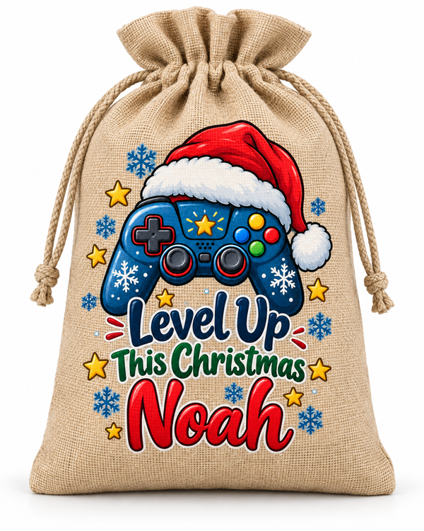 Personalised Level Up Christmas Noah Santa Sack XL EXTRA LARGE Custom Name white background mockup