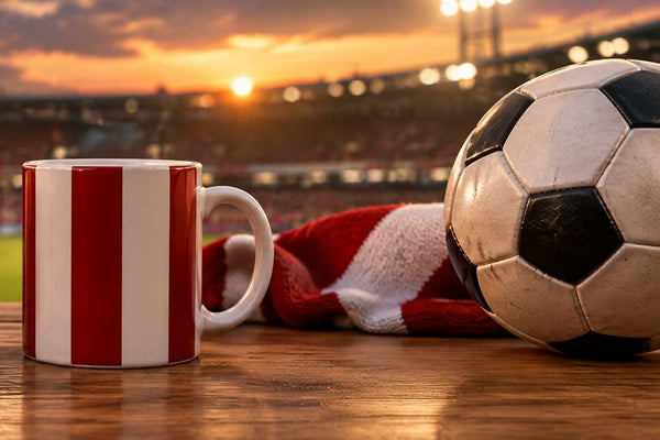 Football team mugs banner: red and white striped mugs with a scarf and football