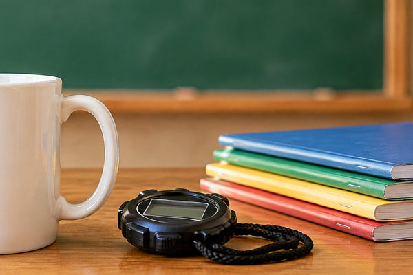Coach and teacher mugs banner: a mug with an apple, whistle and stopwatch