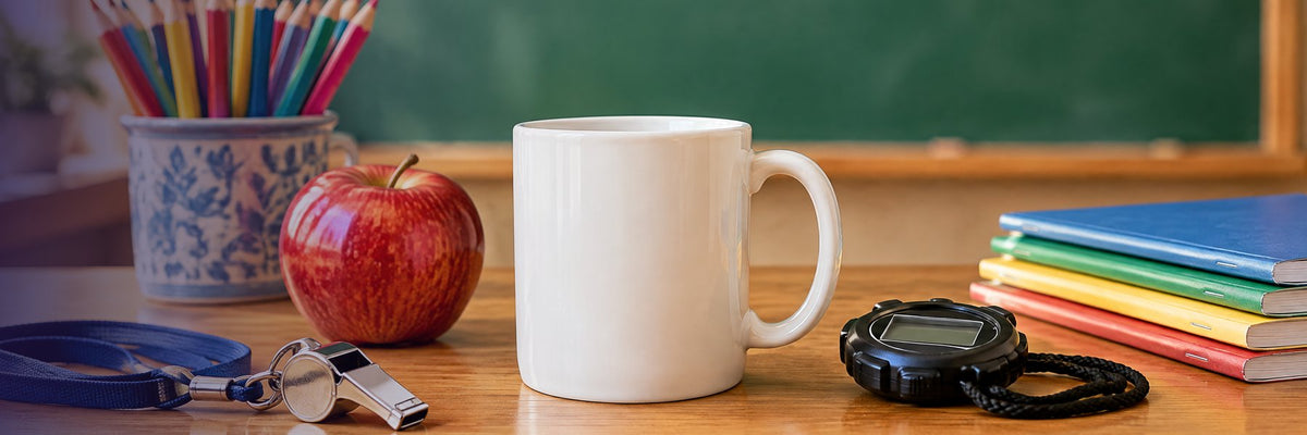 Coach and teacher mugs banner: a mug with an apple, whistle and stopwatch