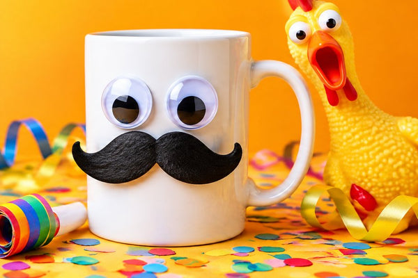 Funny personalised mugs banner: a mug with googly eyes and a moustache