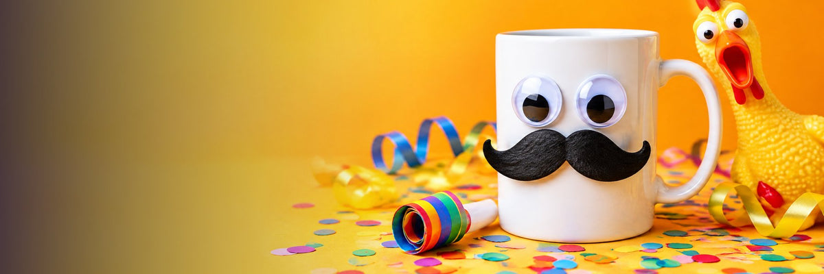 Funny personalised mugs banner: a mug with googly eyes and a moustache