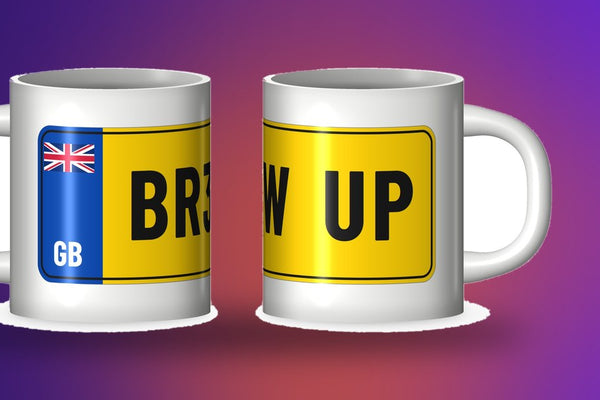 Funny number plate mugs banner: two white mugs printed with a yellow UK number plate