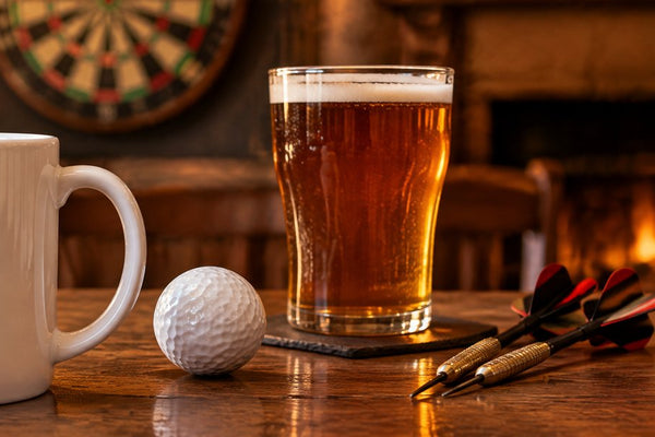 I would rather be mugs banner: a mug with fishing reel, golf ball, darts and a pint