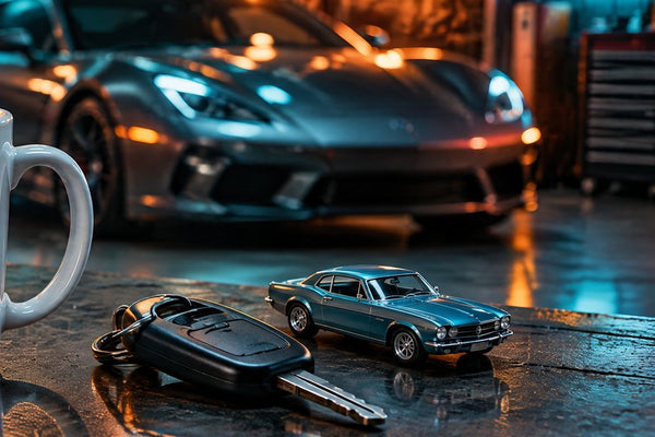 Motor mugs banner: a coffee mug in a garage with car keys and a toy car