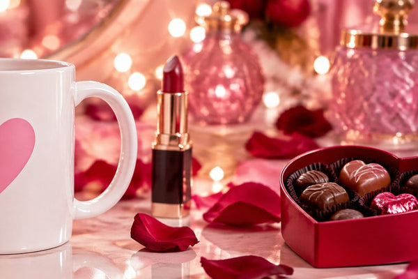 My future husband mugs banner: a pink heart mug with roses and chocolates