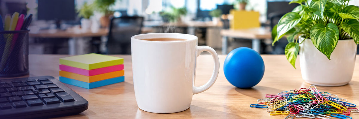 Office humour mugs banner: a mug of tea on a busy office desk