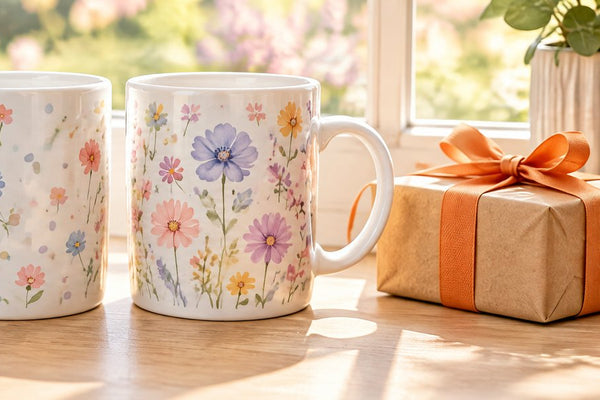 Personalised name mugs banner: floral printed mugs on a sunny windowsill