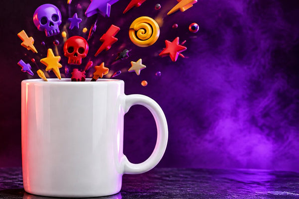 Swear word mugs banner: black and white mugs with cartoon symbols bursting out
