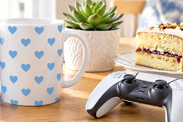 This girl and this guy mugs banner: pink and blue heart mugs on a breakfast table