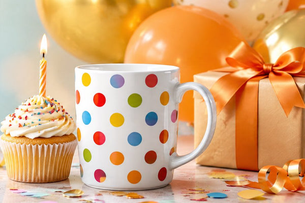 Birthday mugs banner: a polka dot mug with a cupcake and balloons