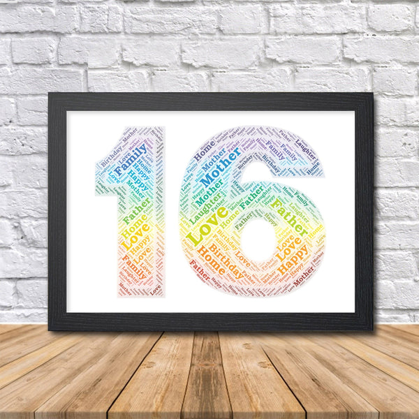 Personalised 16th birthday rainbow word art print, number 16 in a black frame