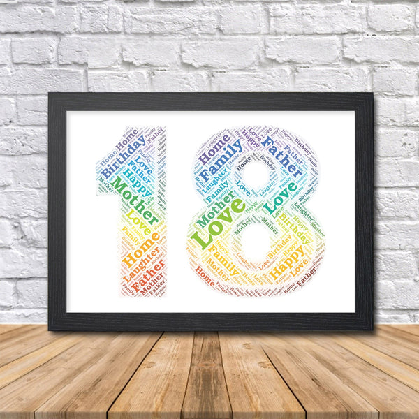 Personalised 18th birthday rainbow word art print, number 18 in a black frame