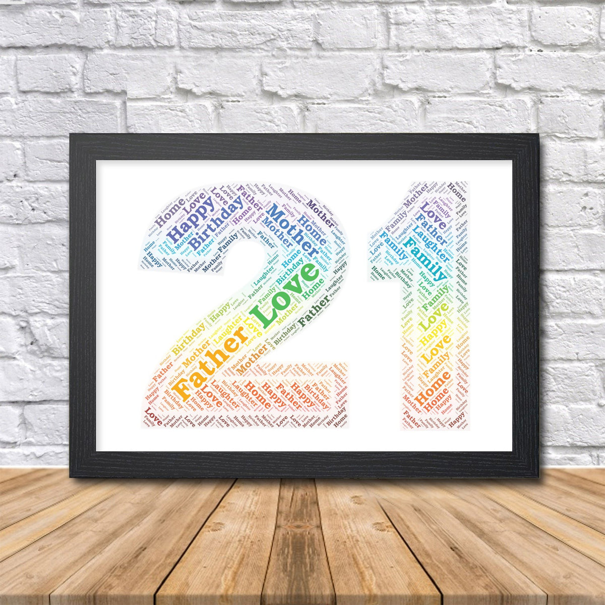 Personalised 21st birthday rainbow word art print, number 21 in a black frame