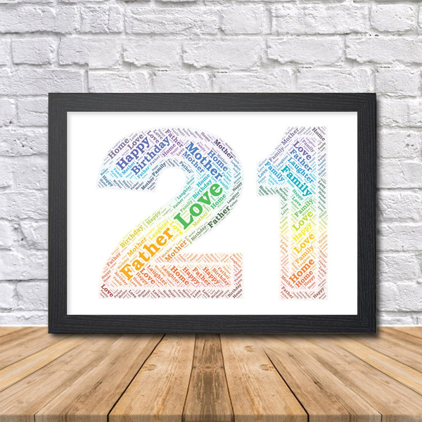 Personalised 21st birthday rainbow word art print, number 21 in a black frame