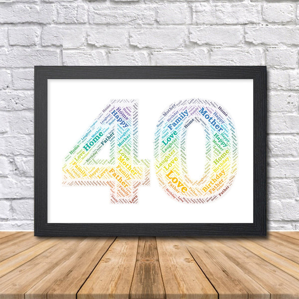 Personalised 40th birthday rainbow word art print, number 40 in a black frame