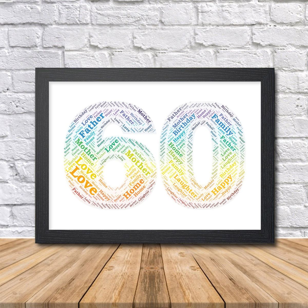 Personalised 60th birthday rainbow word art print, number 60 in a black frame