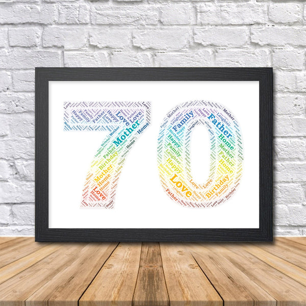 Personalised 70th birthday rainbow word art print, number 70 in a black frame