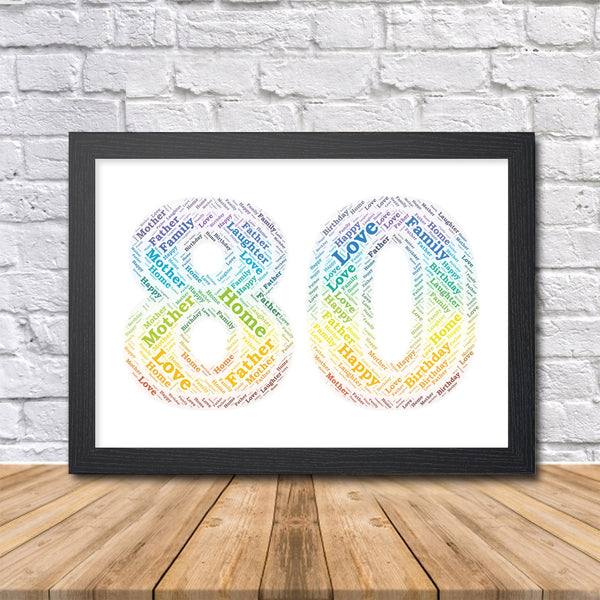 Personalised 80th birthday rainbow word art print, number 80 in a black frame