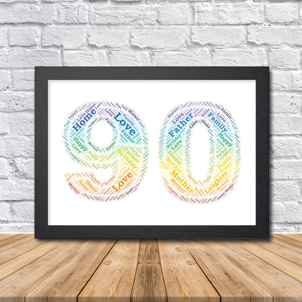 Personalised 90th birthday rainbow word art print, number 90 in a black frame