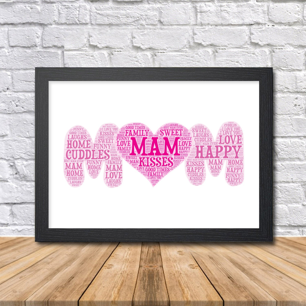 Personalised MAM word art print in pink, in a black frame