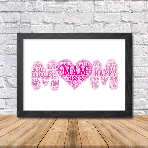 Personalised MAM word art print in pink, in a black frame