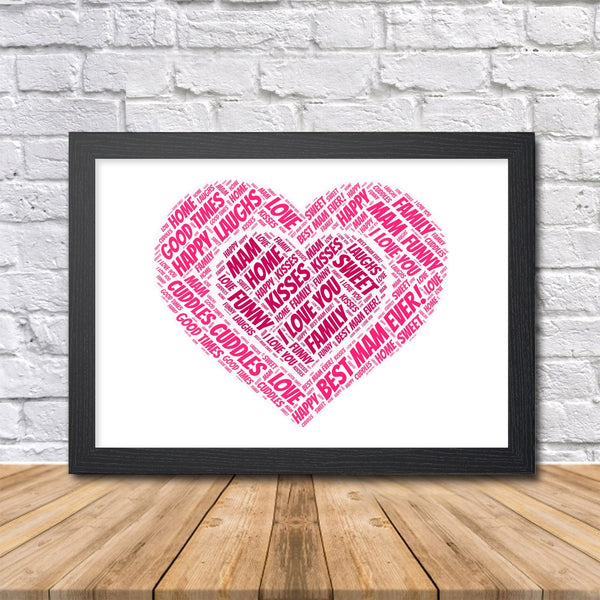 Personalised mum heart word art print in pink, in a black frame