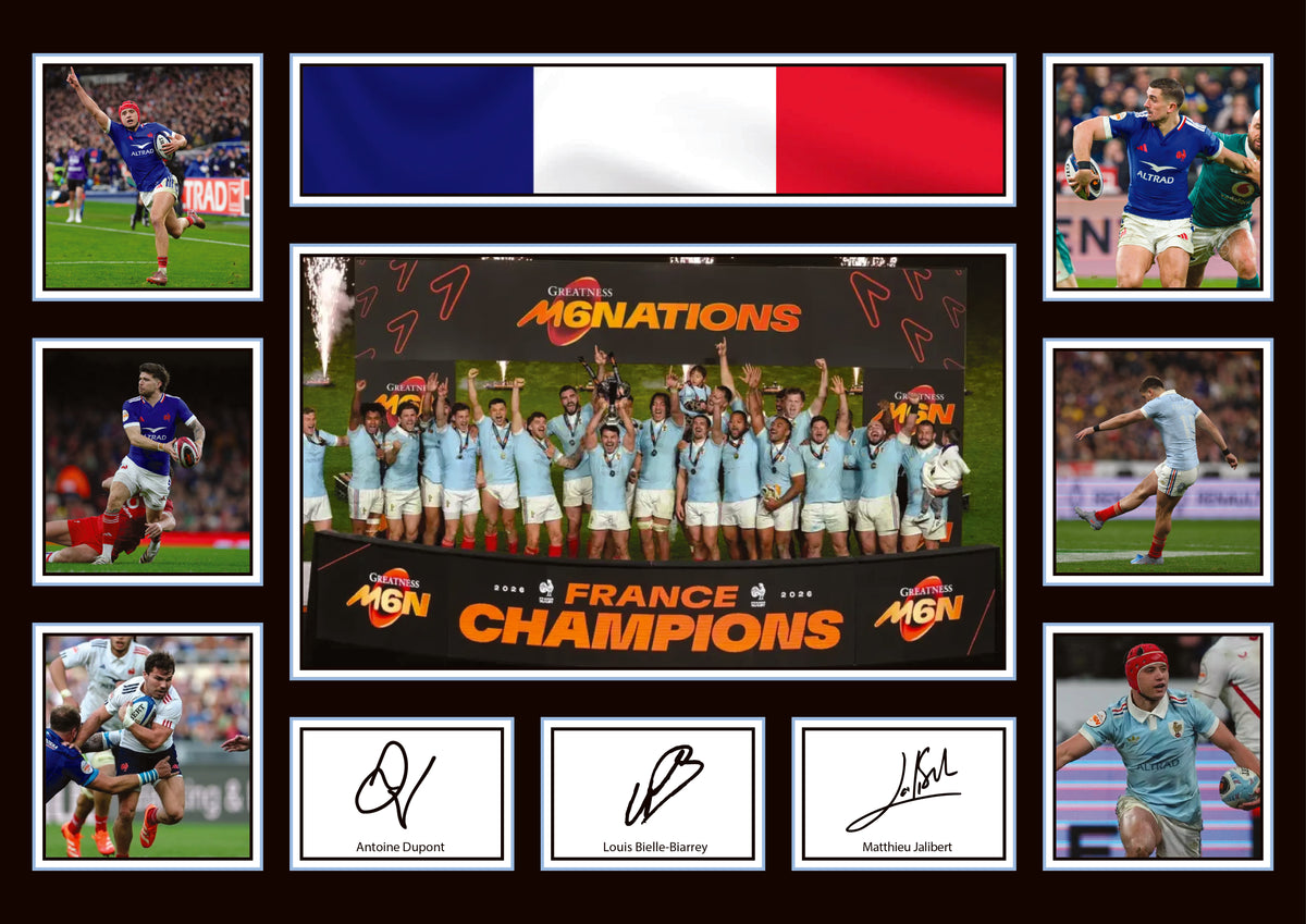 France Six Nations Winners 2026 Poster – Printed Signature Rugby Wall Art – Antoine Dupont, Louis Bielle-Biarrey, Matthieu Jalibert – France Six Nations Winners 2026 Poster