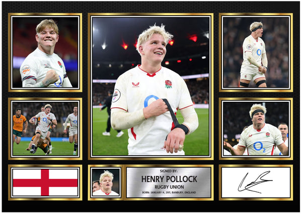 Henry Pollock England Rugby Poster – Printed Signature Wall Art – England Rugby Union Rising Star Collage – Six Nations Rugby Fan Gift Decor – Reproduction Print