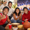 Friends wearing Scottie Barnes face masks at a basketball watch party